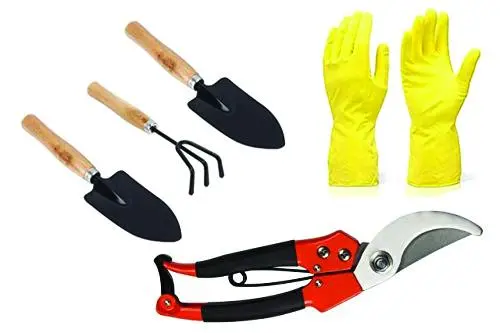 3-Piece Wooden-Handle Gardening Kit – Rubber Gloves, Pruning Shears, And Cultivation Tools 1