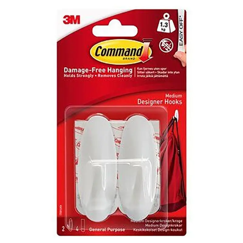 3M Command Medium Designer Hook Pack – 2 Hooks + 4 Strips, White | 3M17081 1