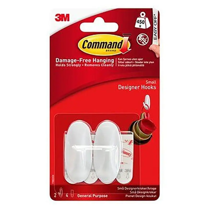 3M Command Small Designer Hook Set – 2 Hooks + 4 Strips, White | 3M17082 1