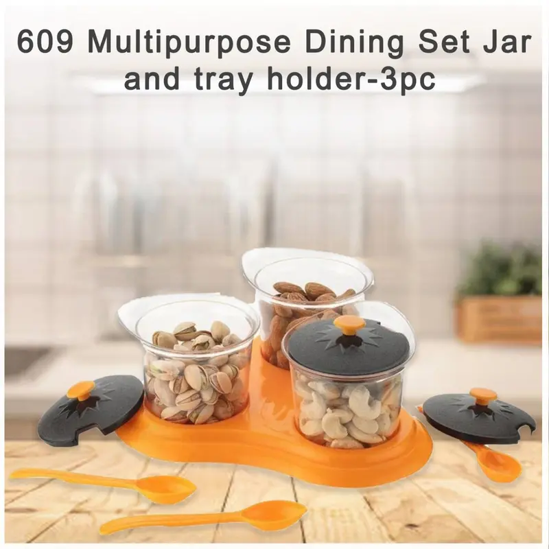 609 Multipurpose Dining Set: 3-Piece Jar & Tray Organizer For Condiments And Seasonings 1
