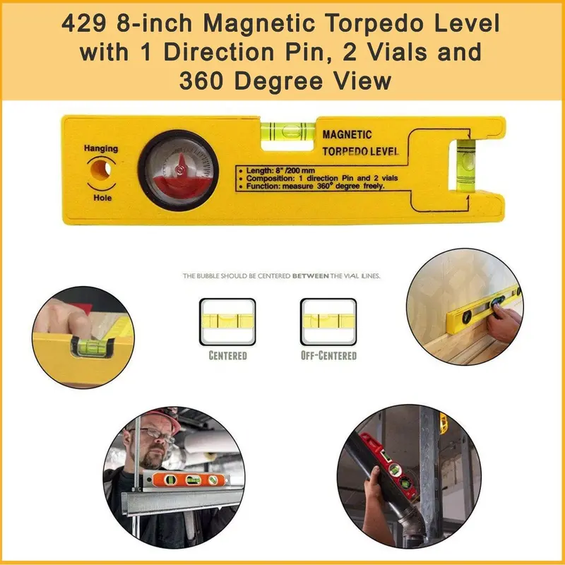 8-Inch Magnetic Torpedo Level With Dual Vials And 360° Rotating View 1