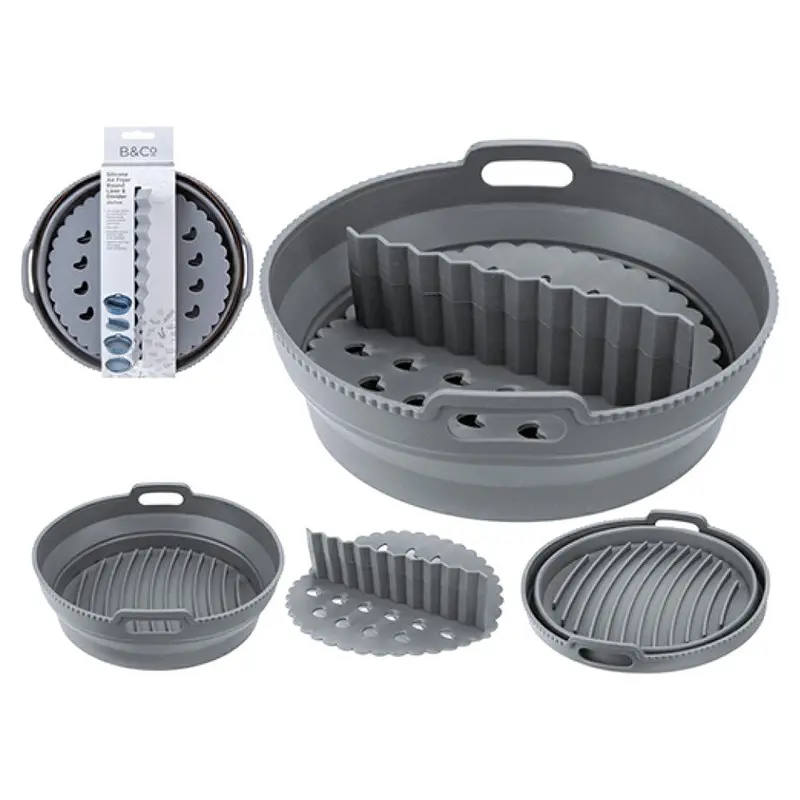 B&Co Silicone Air Fryer Liner – Round Pop-Up Design, Heat-Resistant Grey 1