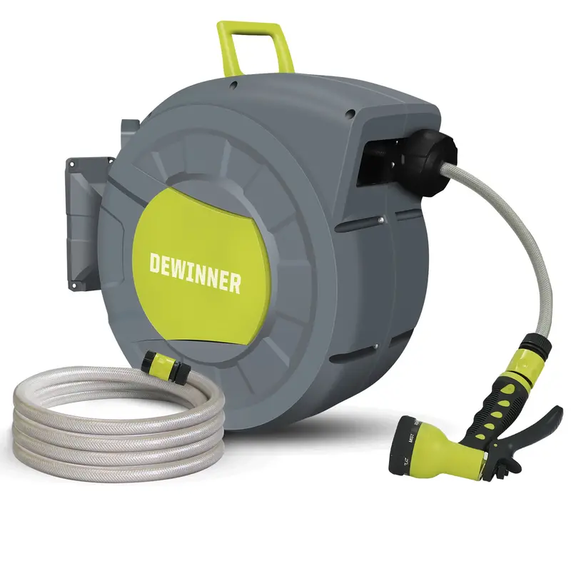 Dewinner Auto-Rewind Wall-Mounted Garden Hose Reel – 25M Hose + 2M Tap Connector, 180° Swivel & Locking Mechanism 1