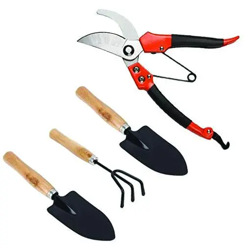 Floral Scissors & 3-Piece Garden Tool Set – Wooden-Handle Cultivator, Trowel, And Fork 1
