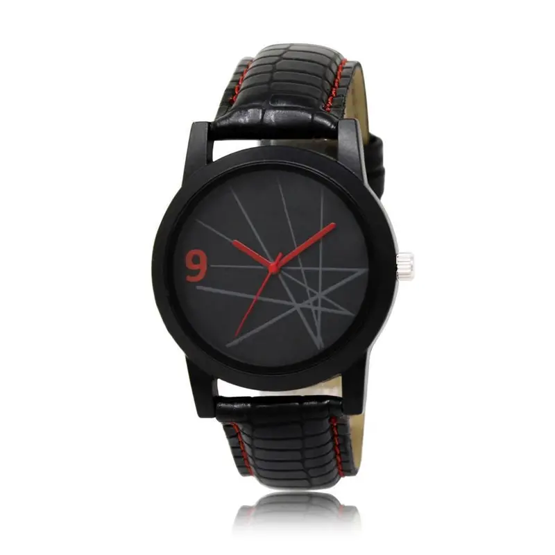 Geometric Line Pattern Analog Watch – Modern Black Dial & Genuine Leather Strap 1