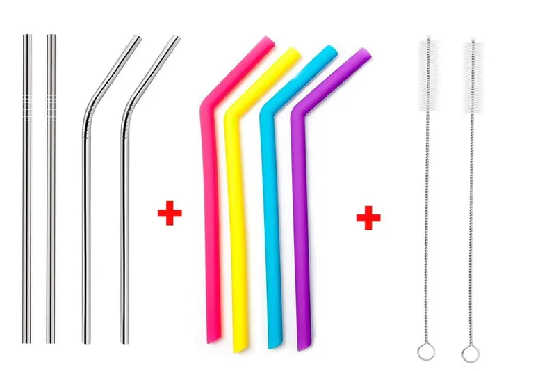 Hybrid Straw Collection – 4 Silicone + 4 Stainless Steel Straws With 2 Cleaning Brushes 1