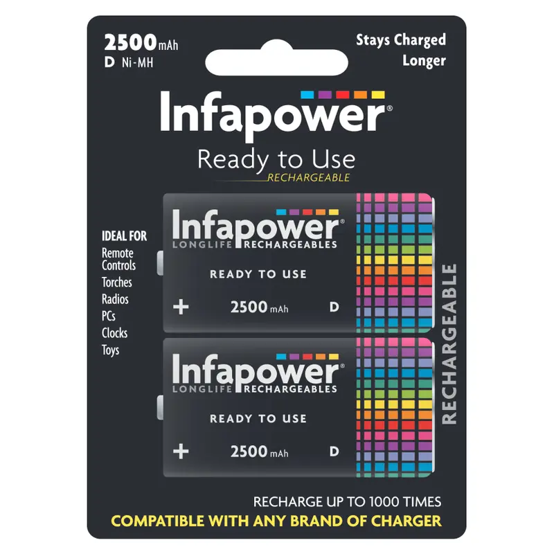 Infapower 210053 Rechargeable D-Size Batteries – 2500Mah, Pack Of 2 1