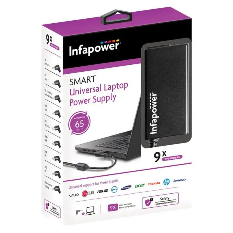Infapower 65W Auto-Sensing Laptop Power Adapter – Compact Black Charger | 211425 1