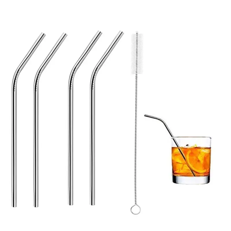 Stainless Steel Reusable Straw Set – 4 Bent Straws + Cleaning Brush (5-Piece) 1