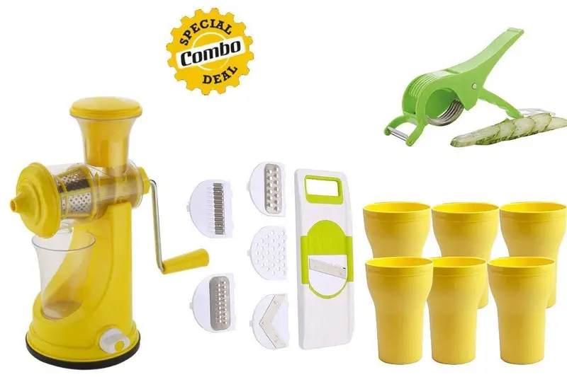 Your Brand Complete Kitchen Prep Bundle: Juicer, 6-In-1 Slicer, Veg Cutter, Peeler & 6 Plastic Glasses 1