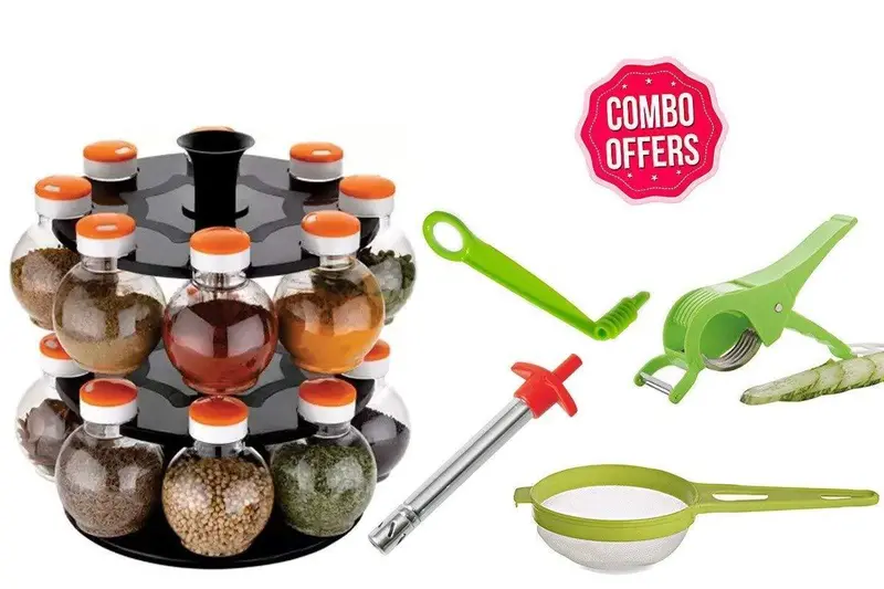 Your Brand Multi-Tool Kitchen Bundle: Rotating Spice Rack, Veg Spiral Cutter, Gas Lighter, Chai Strainer, And 5-Function Veg Slicer 1