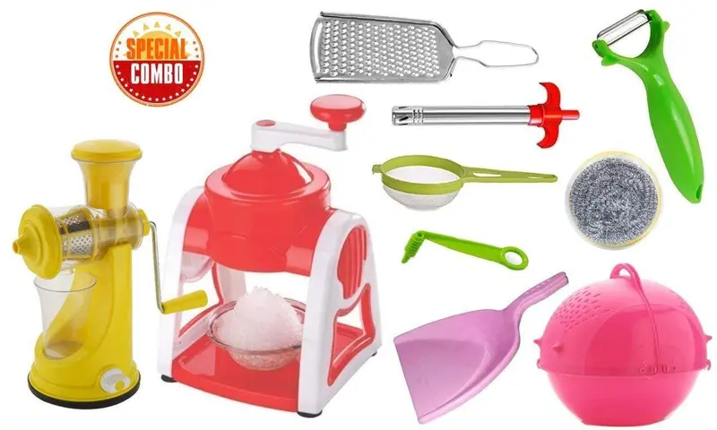 Your Brand Ultimate 10-Piece Kitchen & Cleaning Kit: Gola Maker, Juicer, Grater, Lighter, Chai Sieve, Peeler, Spiral Cutter, Scrubber, Strainer Bowl, And Dustpan 1